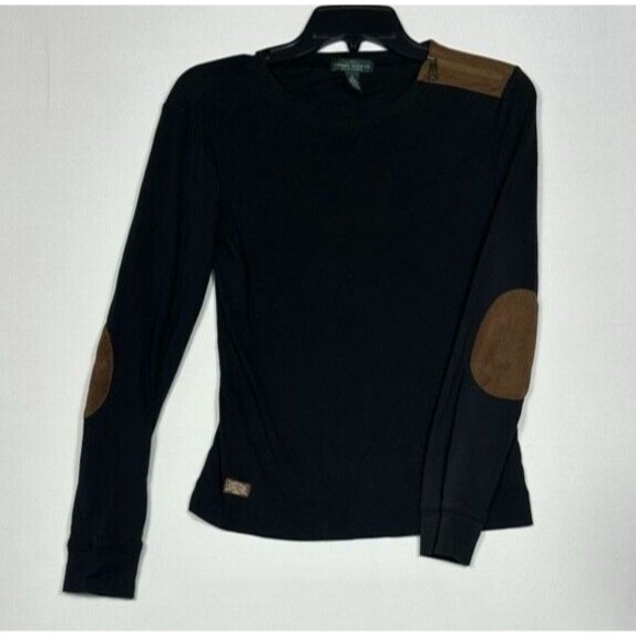 LRL Lauren Jeans Womens Medium Black Shirt Brown Faux Accents Elbows - Picture 4 of 7